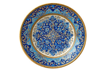 Fototapeta premium Exquisite Ceramic Plate with Intricate Floral and Geometric Blue and Gold Designs