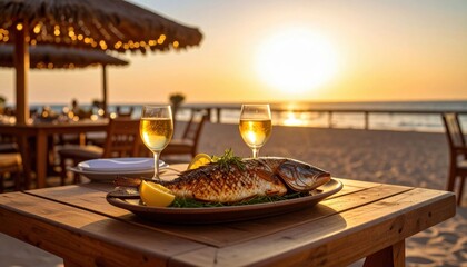 Grilled Fish Dinner At Beach Sunset
