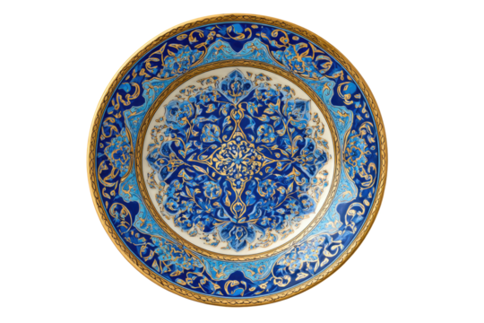 Exquisite Ceramic Plate with Intricate Floral and Geometric Blue and Gold Designs