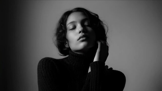 Elegant young woman with curly hair wearing black turtleneck, closing eyes and gently touching face while embracing herself in expressive studio portrait