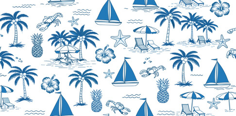 Obraz premium Blue indigo summer tropical beach seamless pattern Cute hand-drawn palm tree, vacation, coastal design, boat, lobster, sea island vector print, exotic wallpaper, textile, background.