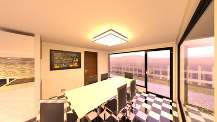 大きな窓があるリビングルーム　3DCGレンダリング
