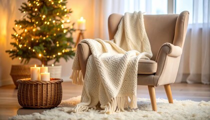 Cozy Christmas Scene With Warm Chair And Blanket