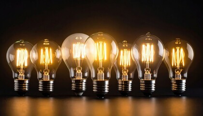 Glowing Filament Light Bulbs Row Dark Background