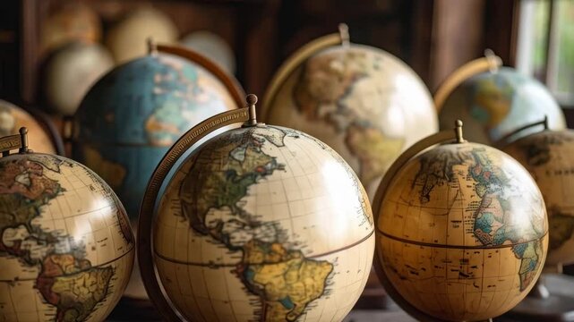 Collection of antique globes showing geographic maps, world exploration and cartography in a vintage style.