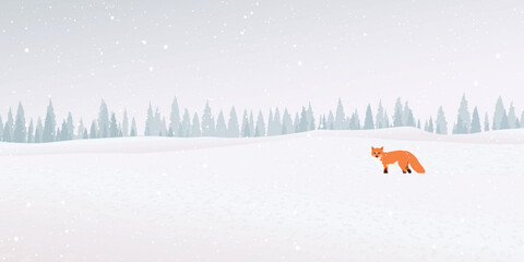 Snawfall in minimalist snowscape with lonely fox have pine forest far away graphic illustration.