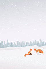 Snawfall in minimalist snowscape with two foxes have pine forest far away vertical template graphic illustration.