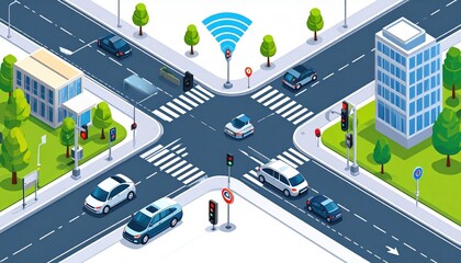 Isometric City Intersection Illustration With Traffic Flow And Smart City Technology
