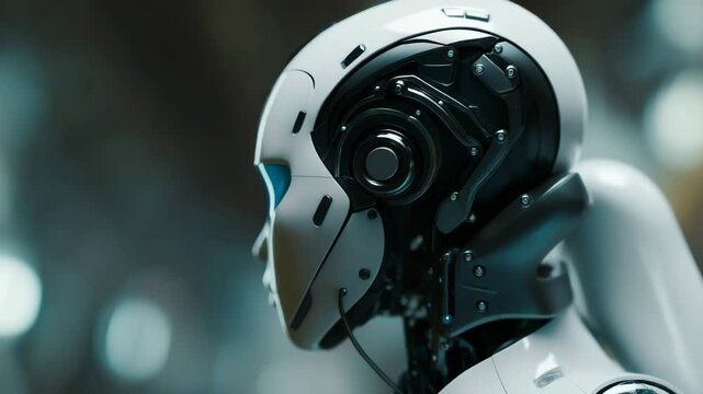 Close-up side view of a white and black android with a glowing blue visor and mechanical detailing. 