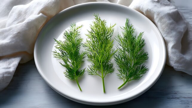 Fresh dill sprigs arranged on a white plate against a soft fabric background - Powered by Adobe
