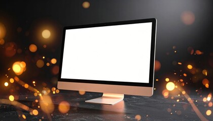 Modern Computer Monitor On Dark Background With Golden Lights