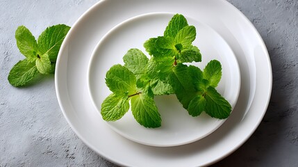 Fresh Mint Leaves on White Plates