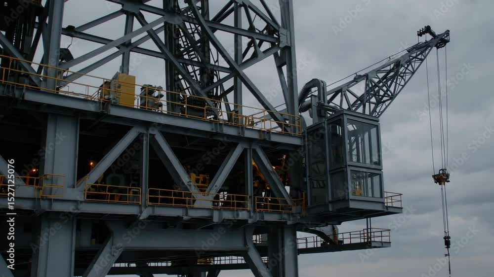 Poster automated drilling operations on an offshore oil rig, showcasing technological integration in harsh 