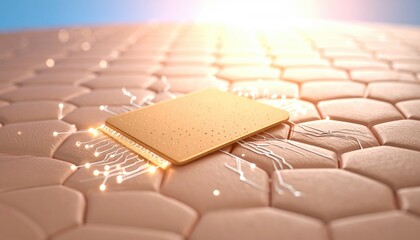 Artificial skin patch animating microcircuits over mesh epidermis in soft biotech lighting