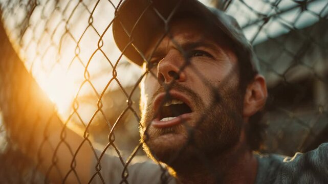 Close Up of Man's Anguished Face Behind Chainlink Fence at Sunset