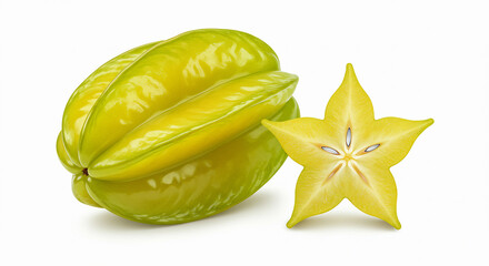 Fototapeta premium Carambola fresca inteira e fatiada, Star Fruit isolada no fundo branco