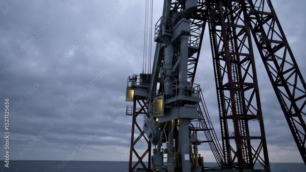 Poster automated drilling operations on an offshore oil rig, showcasing technological integration in harsh 