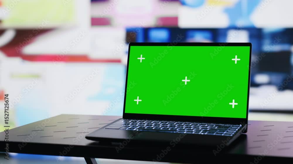 Poster laptop running isolated chroma key screen next to social media web design platforms, visual represen