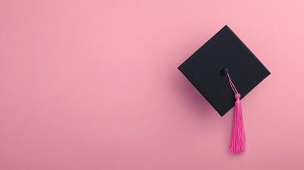 Black graduation cap with pink tassel on pink background.