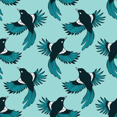 Flying Magpie Pattern – Seamless Blue and Black Bird Illustration