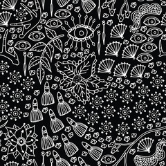 Mystical Doodle Pattern on Black – Intricate hand-drawn white line art featuring all-seeing eyes, snakes, dice, plants, hands, and celestial symbols. 