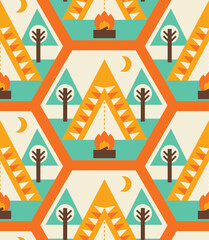 Geometric Camping Pattern – Mid-Century Style Tent and Campfire Seamless Design