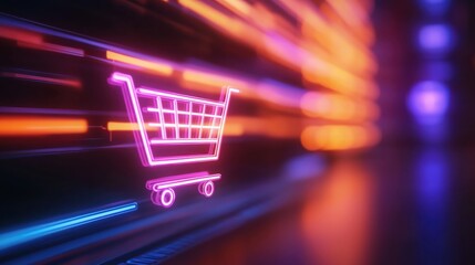 Exploring e-commerce trends shopping cart iconography digital marketplace graphic design neon environment abstract view modern concept