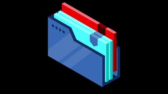 Isometric folder with documents animation. Document folder isometric. Archive containing documents. 4K video animated in isometric style. Transparent background with alpha channel