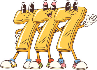 Groovy casino three seven signs characters. Las Vegas gambling jackpot win, casino roulette game luck and victory funky vector personages. Three golden seven cheerful characters standing together