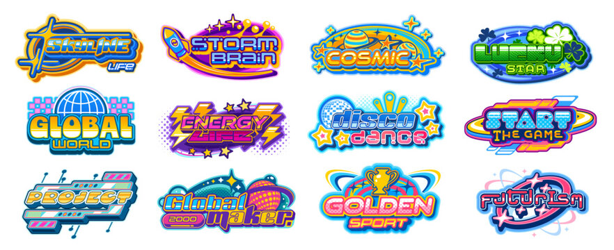 Y2k streetwear labels and icons vector set. Creative badges with retro futuristic hippie vibes and nostalgic yet modern aesthetic. Vector labels with words skyline, cosmic, disco dance, golden sport