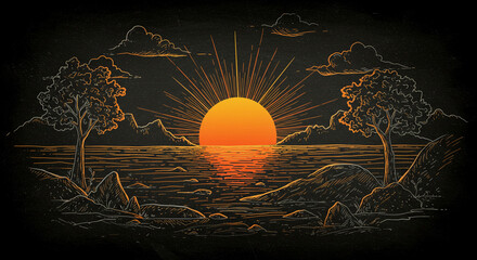 Sunset Seascape Illustration: Hand-Drawn Ocean View with Trees