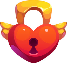 Cartoon game heart pad lock asset or icon. Video game level design or interface icon, Valentines holiday love and romance isolated vector symbol. Red heart lock with keyhole, golden shackle and wings