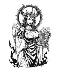 Dark Fantasy Illustration of a Female Demon with Enigmatic Grimoire