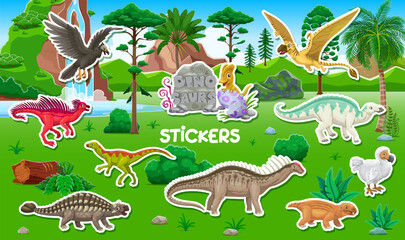 Stickers pack of cartoon prehistoric dinosaurs. Argentavis, pegomastax, hypsilophodon and saichania, dicraeosaurus, anatotitan dinosaurs cute characters on prehistoric jungle landscape vector stickers © Vector Tradition