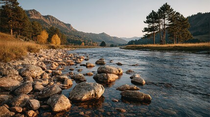 A tranquil river flows past a stony riverbank at dawn.