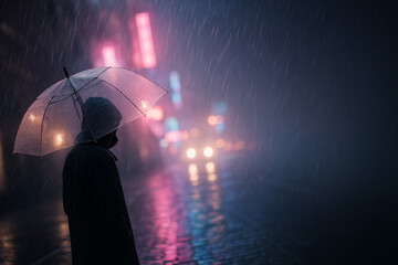 Mysterious person with umbrella in neon-lit rainy street at night