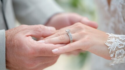 A close-up of a couple exchanging wedding rings, symbolizing love and commitment during their special moment.
