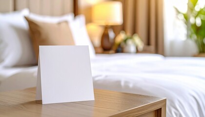 Elegant hotel room with a blank table tent card on the nightstand, ideal for messages or branding mockups