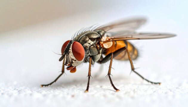 Macro photo of a housefly on white surface showing intricate detail for biology, pest control, micro photography or entomology studies