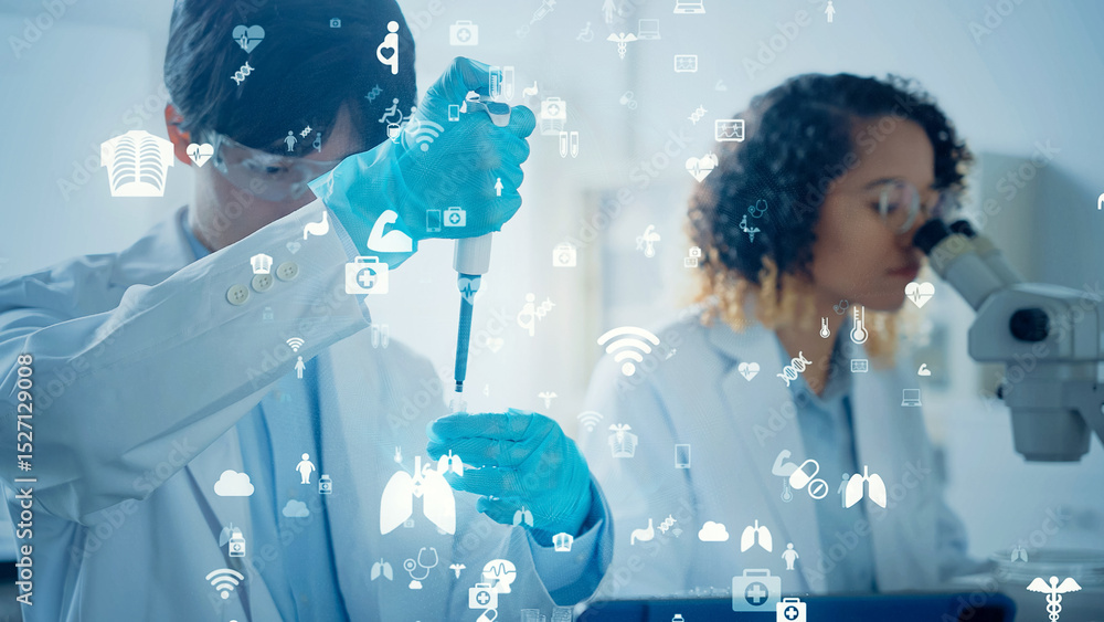 Aufkleber multinational group of scientists conducting an experiment and medical technology concept