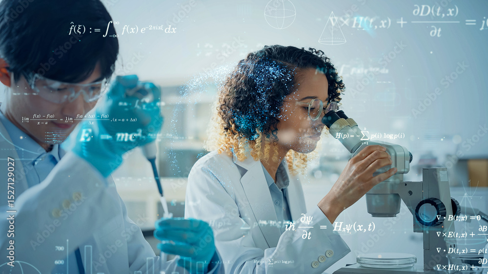Aufkleber research and development concept with multinational group of scientists conducting an experiment