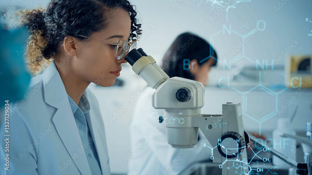 Aufkleber research and development concept with multinational group of scientists conducting an experiment