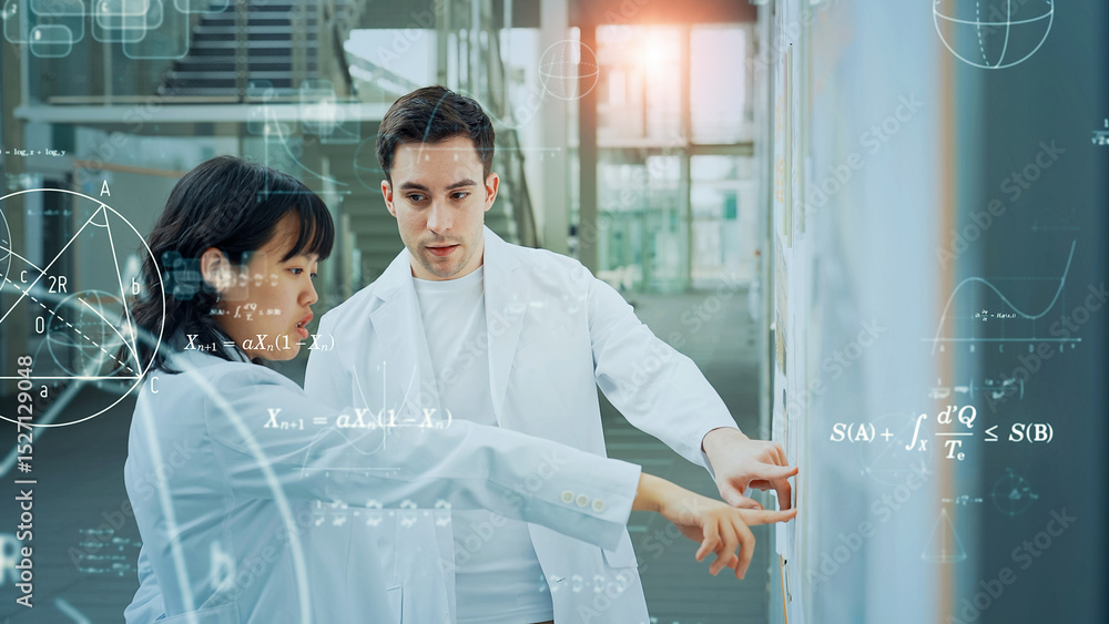 Poster research and development concept with multinational group of scientists meeting