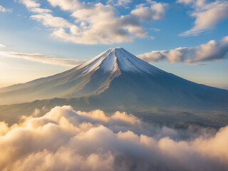 Fototapeta premium A stunning landscape photograph of Mount, its snow-capped peak rising majestically above a sea of clouds under a vibrant sky.