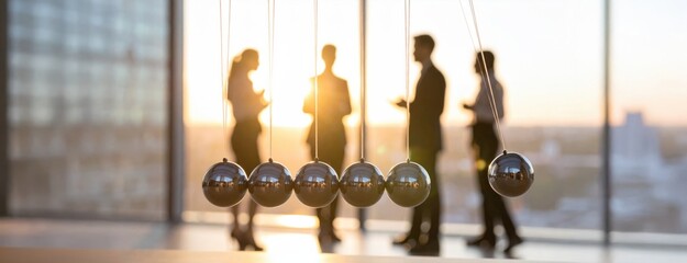 Business professionals in office silhouetted against sunrise with Newton’s cradle in foreground symbolizing corporate momentum, decision-making and teamwork
