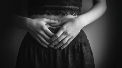 Woman gently massaging lower abdomen with soft hand movements, showing personal health care and wellness through soothing body touch against muted background
