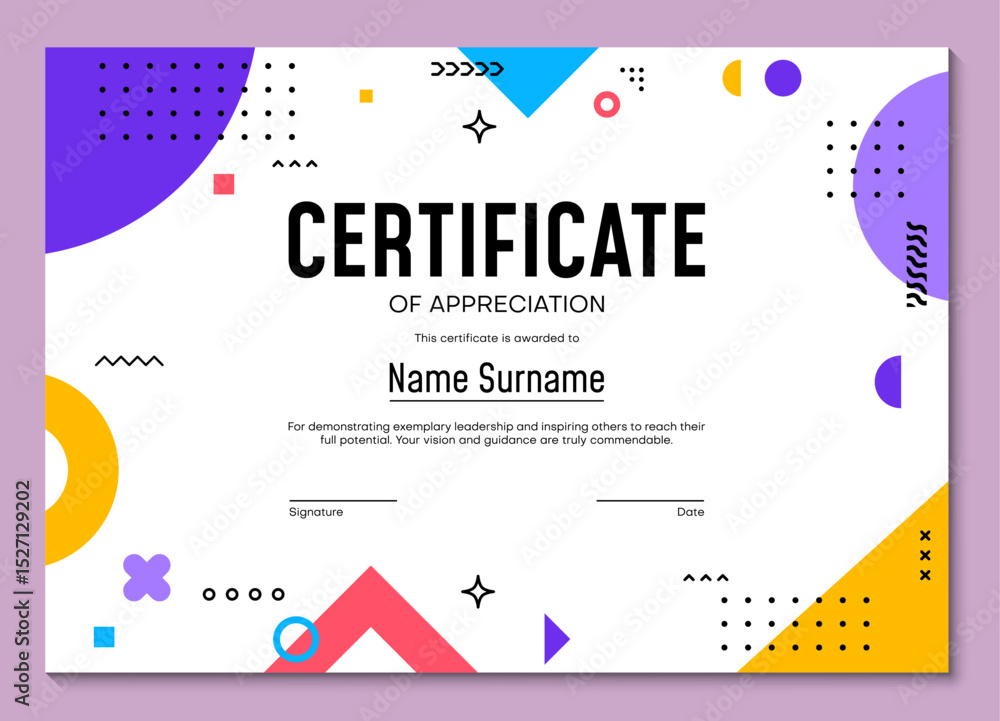 Poster certificate of appreciation template with abstract geometric memphis pattern, vector layout. diploma
