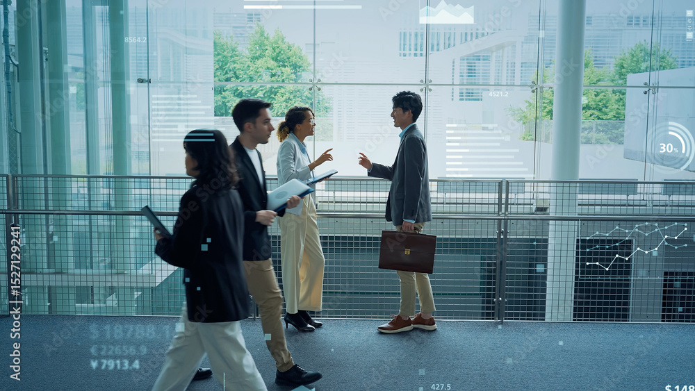 Poster multinational people talking in office and statistical data concept