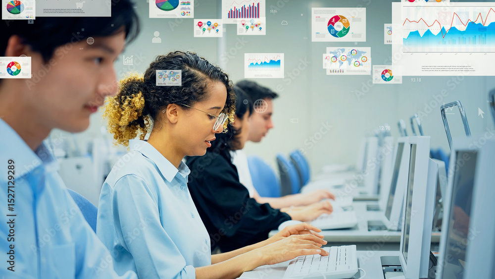 Poster multinational people working in office and statistical data concept