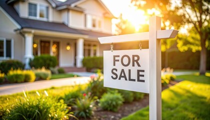 A home with a 'For Sale' sign in the front yard, representing real estate transactions, property listing, homeownership opportunities, and the housing market trend
